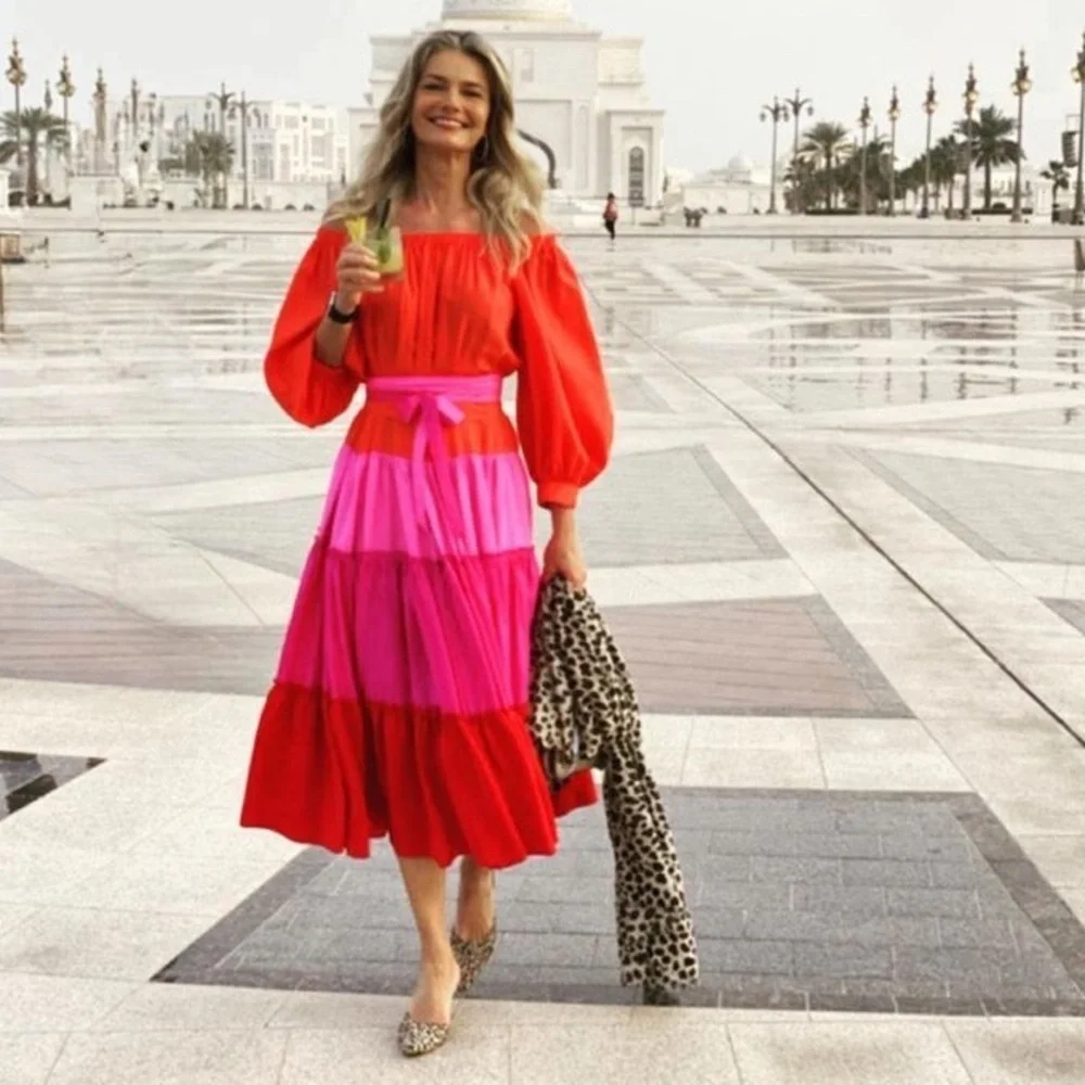 DNKY SILK Colorful Tiered Skirt Pink Orange Party 8 Bloomingdale’s Cruise Midi - Picture 1 of 10